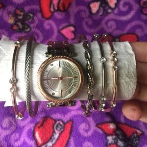 Watch and Braclet Rose Gold and Silver colored Set